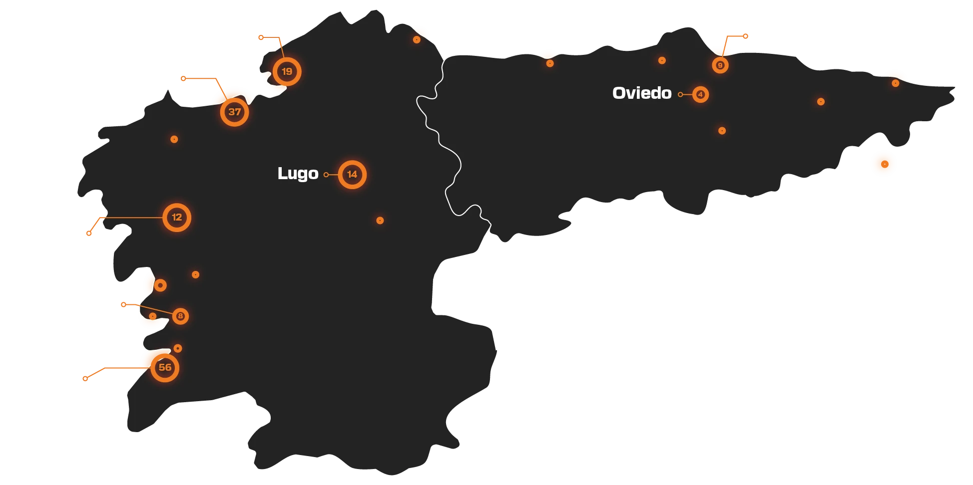 Mapa de cobertura de pantallas digitales de Mediaymedia en Galicia y Asturias